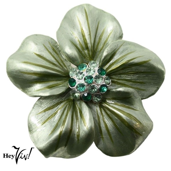 Vintage Shimmer Green Curvy Metal Flower Pin Brooch w Rhinestones 2.25"- Hey Viv - Picture 4 of 6